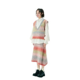 Gradients Color Stripe V-Neck Vest Knit Half Skirt